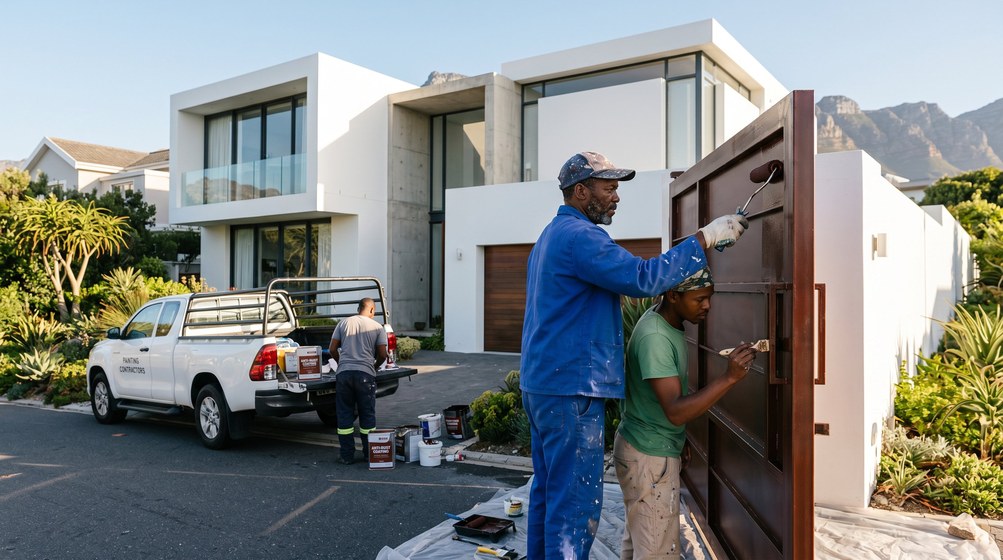 Professional anti-rust coating team applying rust protection to a metal gate in Simon's Town