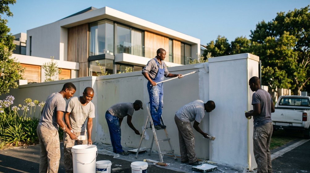 Professional team painting a boundary wall at a modern home in Simon's Town