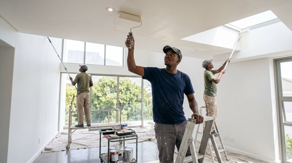 Professional ceiling painters rolling white paint onto a high ceiling in Simon's Town