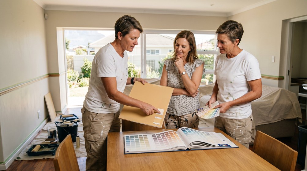 Professional colour consultant showing paint swatches to a homeowner in Simon's Town