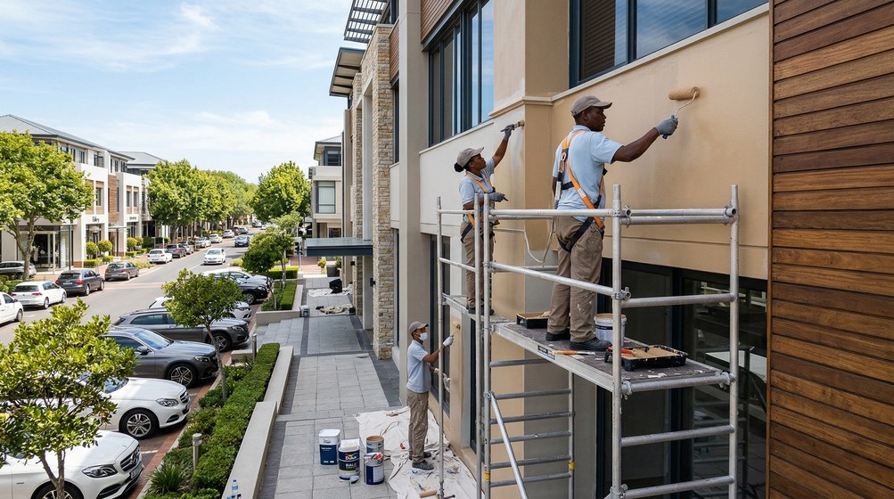 Professional commercial painters on scaffolding painting a building in Simon's Town