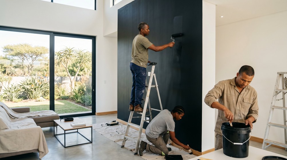 Professional painters creating a bold black feature wall in a modern Simon's Town home