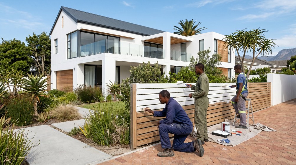 Professional fence painters painting a wooden fence at a Simon's Town home in Simon's Town