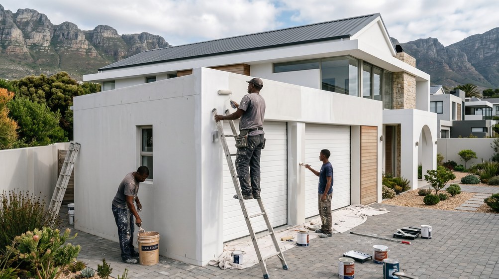 Professional painters painting a double garage exterior and garage doors in Simon's Town