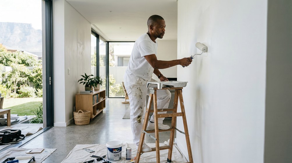 Professional interior painter in Simon's Town painting walls with a roller