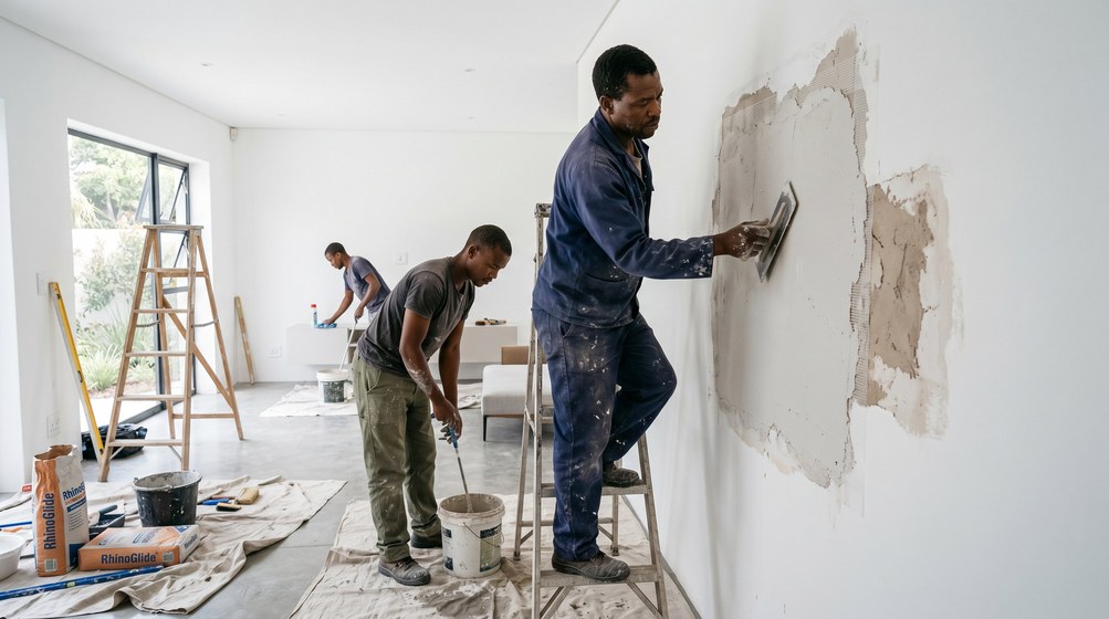 Professional plaster repair team skim coating damaged walls in Simon's Town