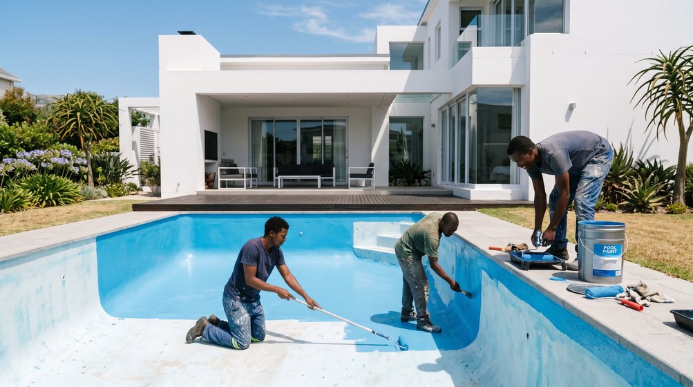 Professional pool painters applying blue pool paint to a swimming pool in Simon's Town