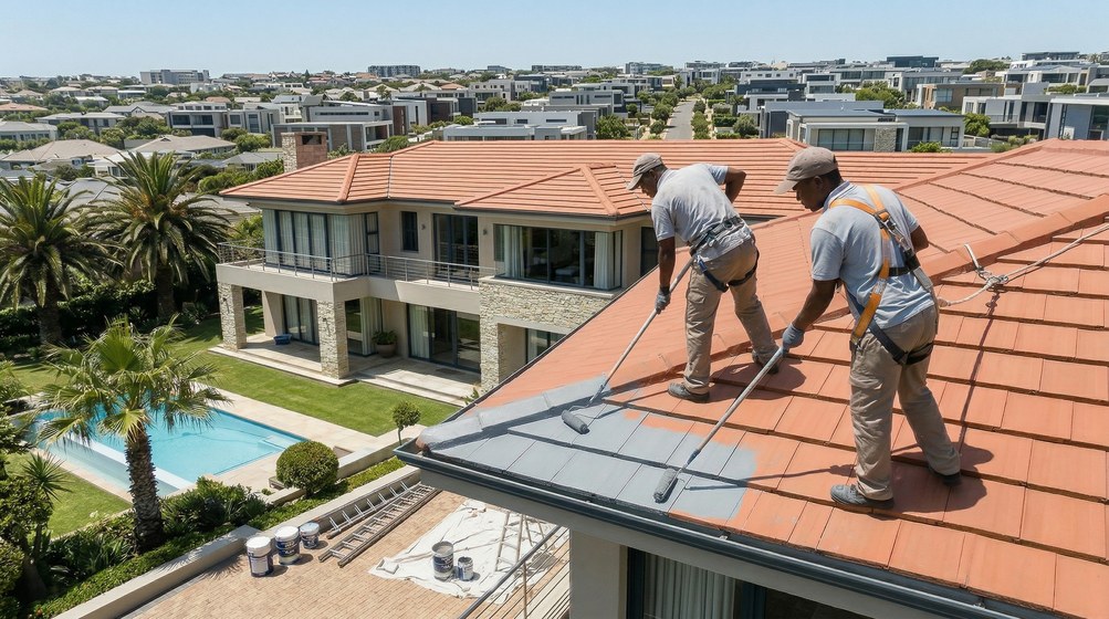 Professional roof painters applying waterproof coating to tiled roof in Simon's Town