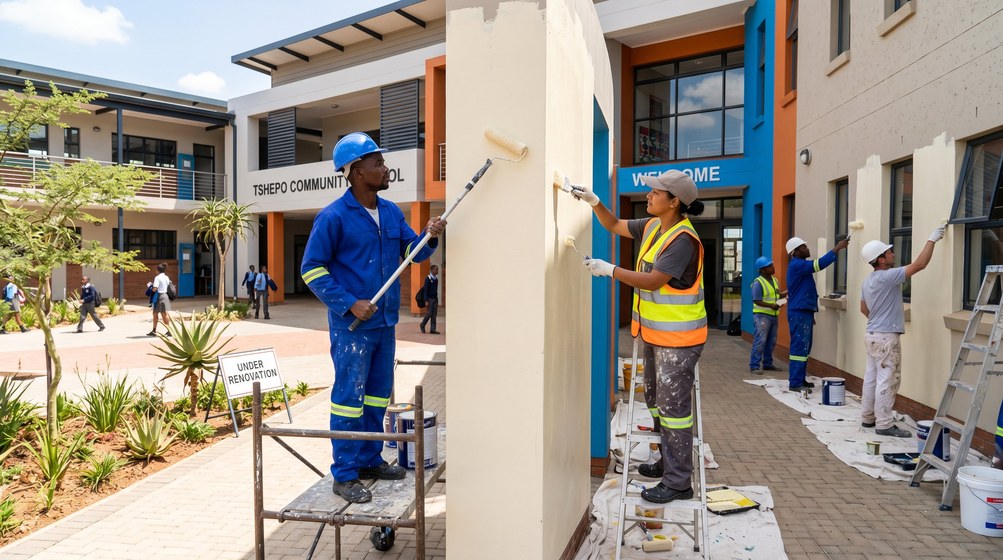 Professional school painting team painting a community school in Simon's Town