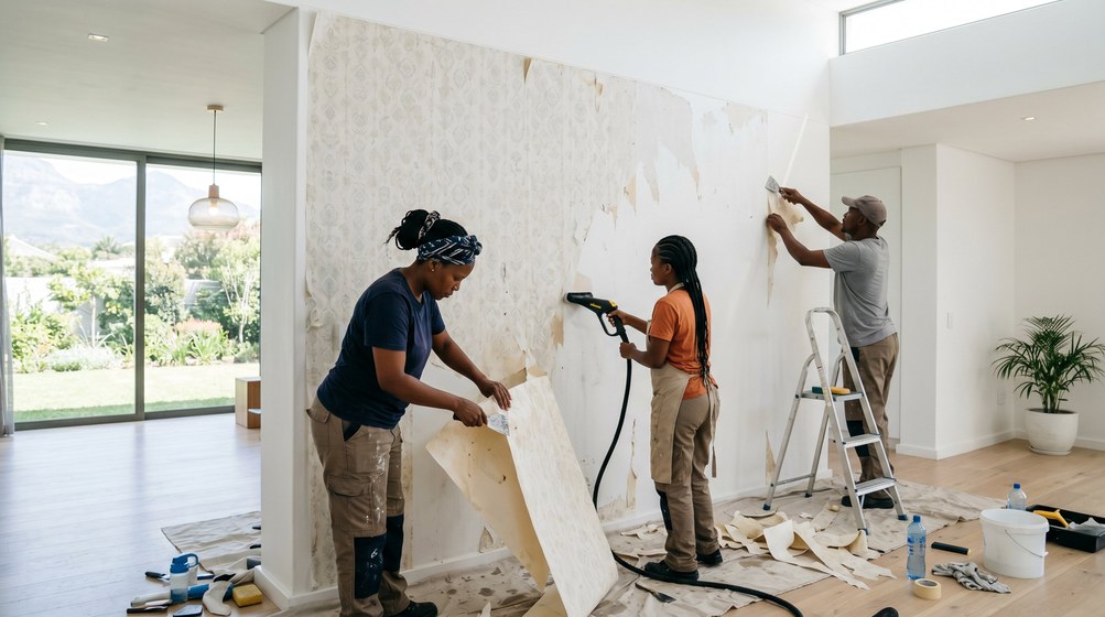 Professional wallpaper removal team stripping old wallpaper in a Simon's Town home