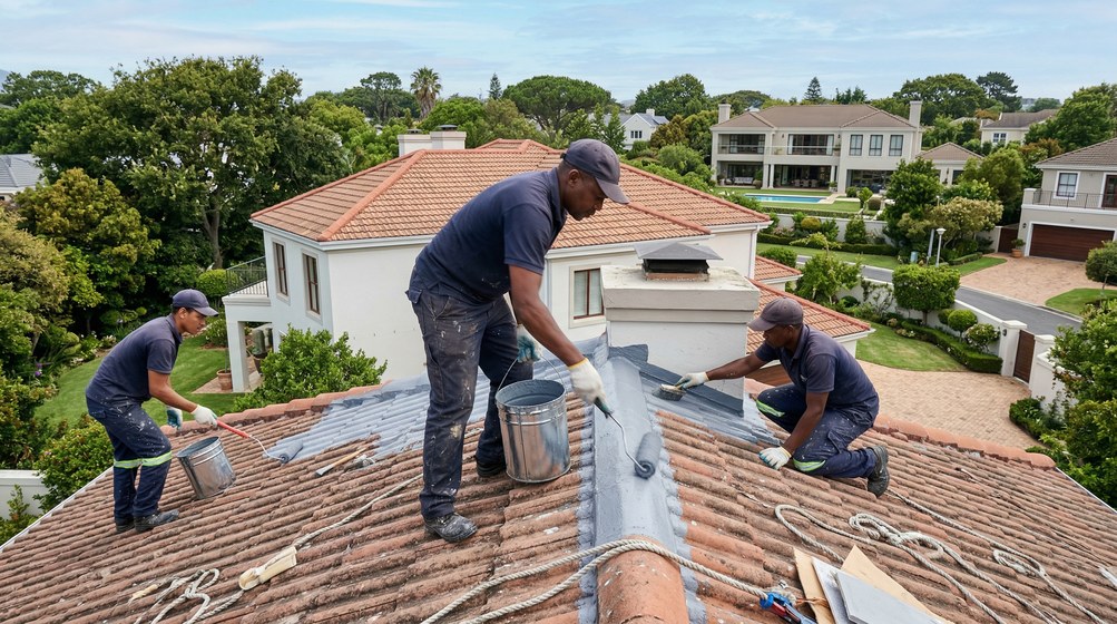 Professional waterproofing team applying membrane to roof in Simon's Town