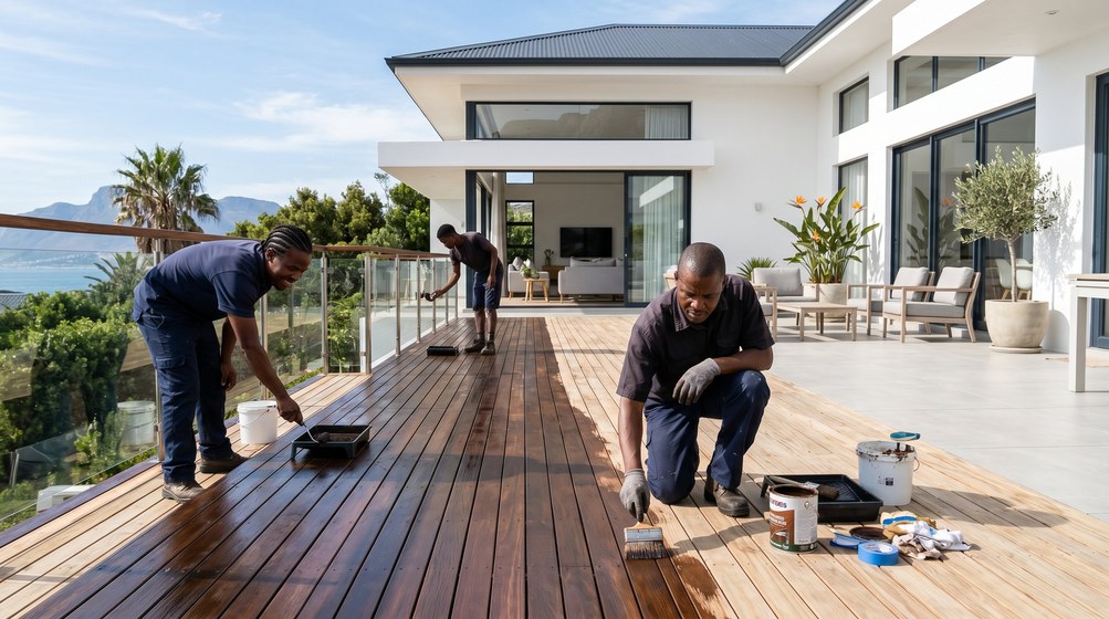 Professional wood staining team applying deck stain on a home in Simon's Town